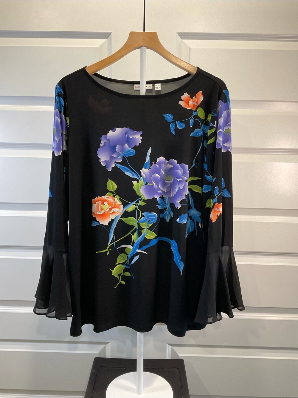 Susan Graver Black Tunic with Purple & Orange Floral Print